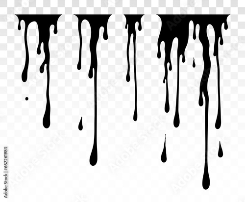 Paint dripping. Dripping liquid. Paint flows. Current paint, stains. Current drops. Current inks. Vector illustration. Flowing liquid. Stencil drops. Paint splatter. Molten. Chocolate drops. Oil drop