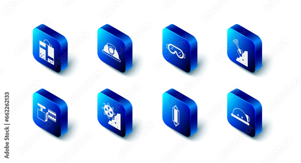 Set Miner helmet, Safety goggle glasses, Shovel and stone, Gem, Bucket wheel excavator, Handle detonator and entrance icon. Vector Set Miner helmet, Safety goggle glasses, Shovel and stone, Gem, Bucket wheel excavator, Handle detonator and entrance icon. Vector