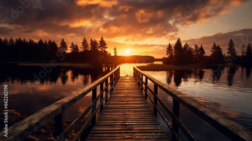 A wooden pier during sunset