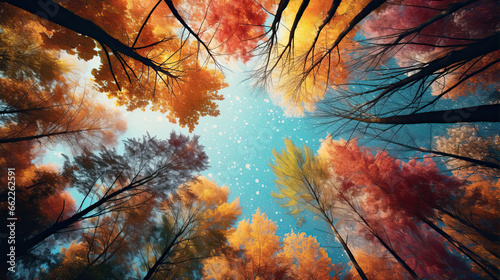 Looking up at a autumn forest full of colors with tall trees stretching out towards the sky, creating a canopy