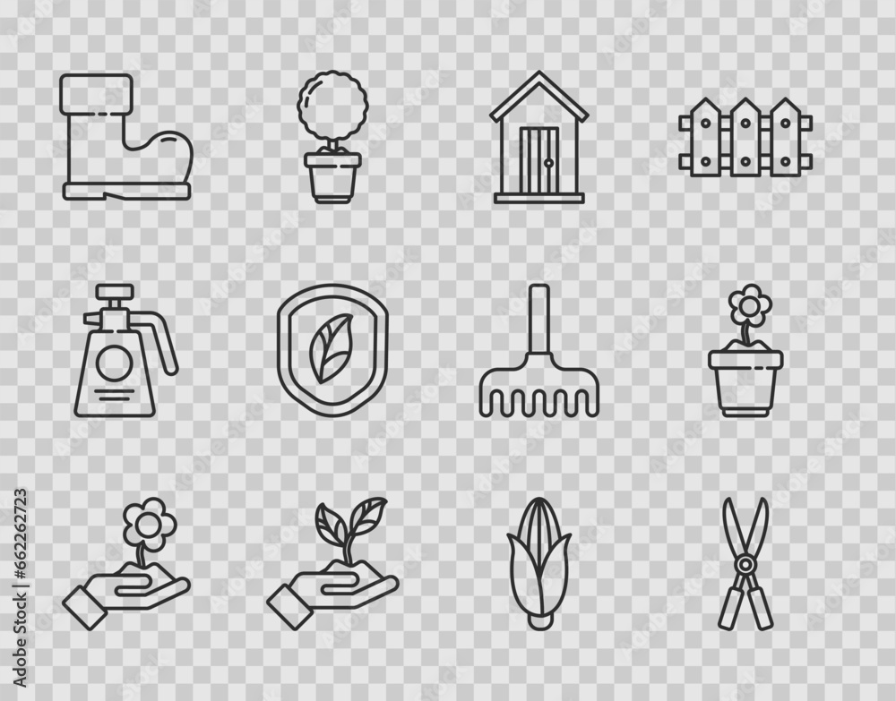 Set line Hand holding flower, Gardening handmade scissors, Farm house, Plant of environmental, Waterproof rubber boot, Shield with leaf, Corn and Flower pot icon. Vector Set line Hand holding flower, Gardening handmade scissors, Farm house, Plant of environmental, Waterproof rubber boot, Shield with leaf, Corn and Flower pot icon. Vector