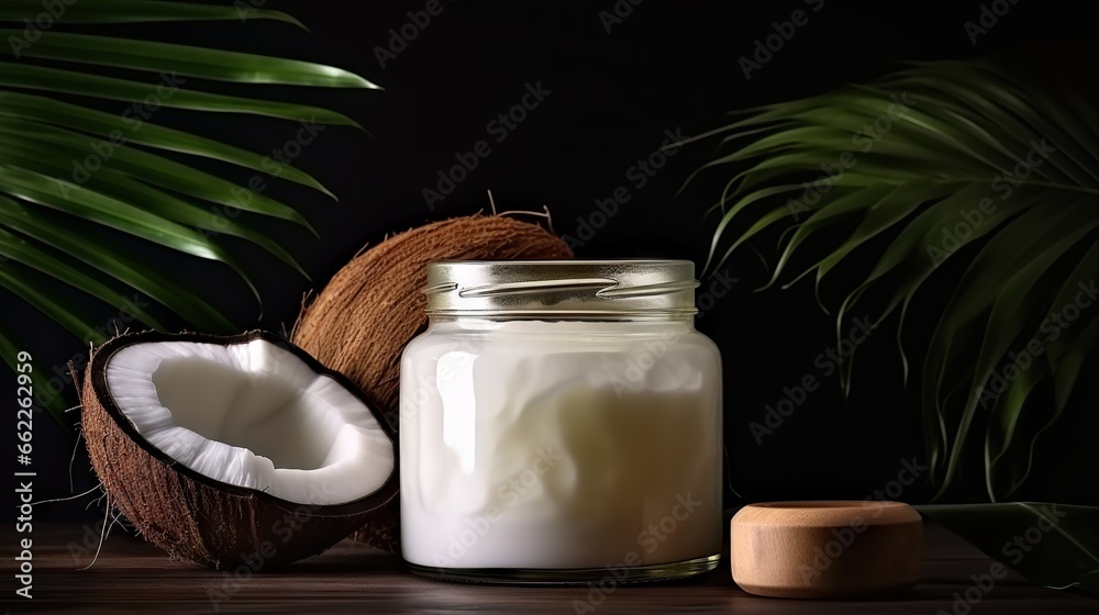 a glass jar of coconut milk next to a half eaten coconut. generative ai a glass jar of coconut milk next to a half eaten coconut. generative ai