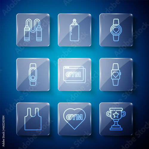 Set line Sleeveless T-shirt, Fitness gym heart, Award cup, Smartwatch, Online fitness and training, Jump rope and icon. Vector