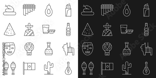 Set line Mexican guitar, Pinata, Tabasco sauce, Avocado, man sombrero, Nachos, Snake and Tequila glass with lemon icon. Vector