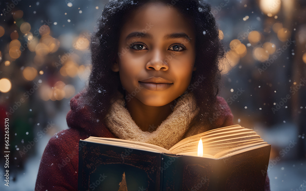 A black mixed race girl holding a christmas carol book at Christmas carol, crowd holding candles in the background - obrazy, fototapety, plakaty 