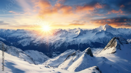 Intense sun with lots of long sunrays shining over snowy alps created with Generative AI