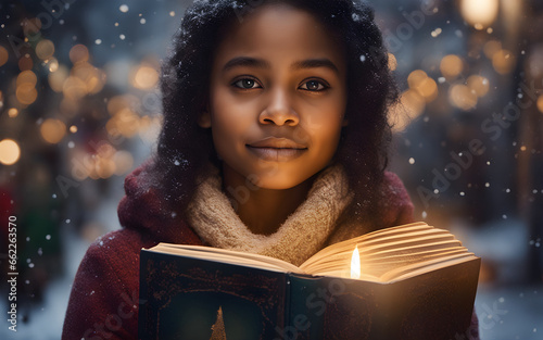 A black mixed race girl holding a christmas carol book at Christmas carol, crowd holding candles in the background
