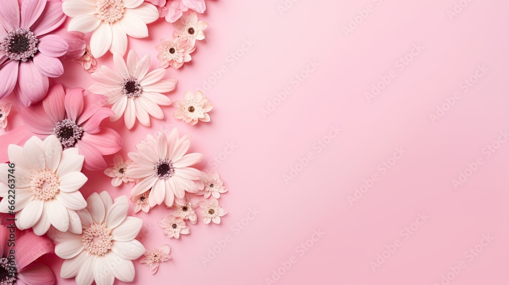  a pink background with white and pink flowers on top of it.  generative ai