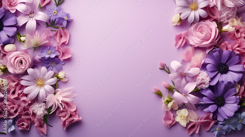  a bunch of flowers that are on a purple background with a place for text.  generative ai
