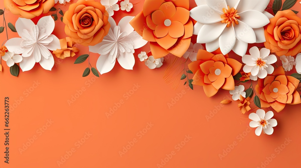  an orange background with white flowers and leaves on top of it.  generative ai