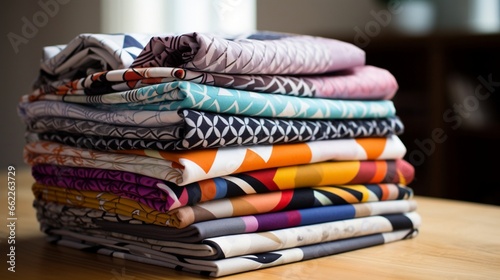 Pile of geometric print fabrics neatly folded.