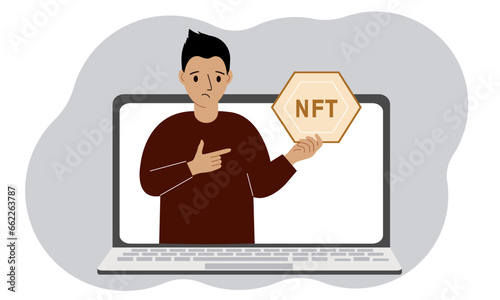 NFT concept. A laptop in which a man with the image of NFT in the palm of his hand. Auction of non-fungible tokens, markets, online education.