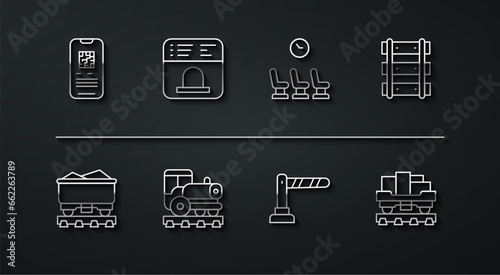 Set line E-ticket train, Coal wagon, Railway, railroad track, barrier, Vintage locomotive, Ticket office to buy tickets, Cargo and Waiting room icon. Vector