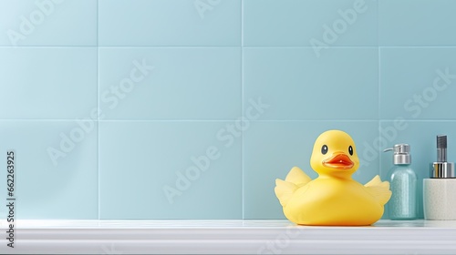  a yellow rubber ducky sitting on a bathroom counter next to a toothbrush.  generative ai