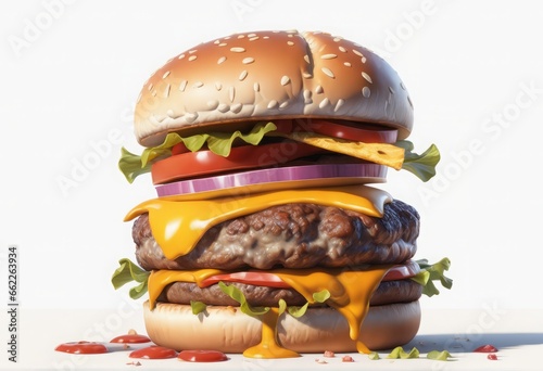 3d illustration of a delicious burger with bacon on a white background 3d illustration of a delicious burger with bacon on a white background big hamburger with cheese and tomato sauce, 3d render