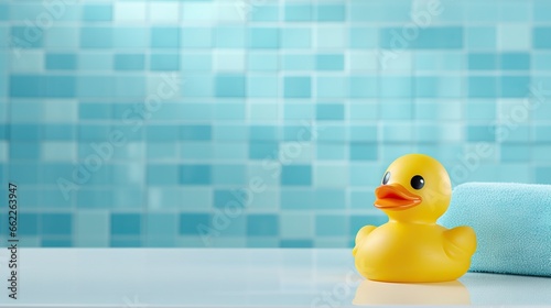  a yellow rubber ducky sitting on a counter next to a blue towel. generative ai