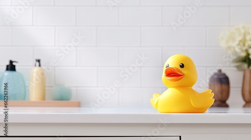  a yellow rubber ducky sitting on a kitchen counter top.  generative ai
