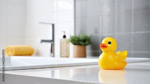  a yellow rubber ducky sitting on a bathroom counter next to a sink.  generative ai