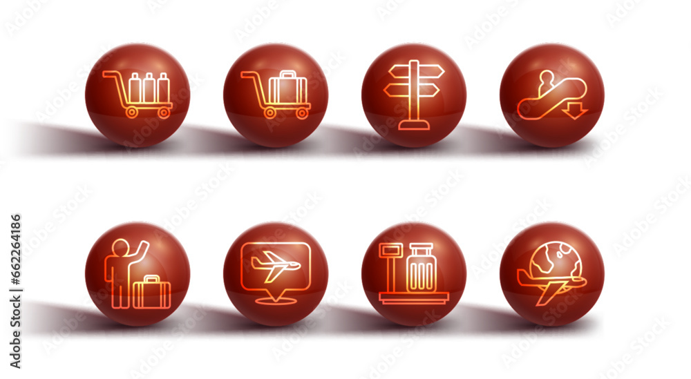 Set line Trolley baggage, Tourist with suitcase, Escalator down, Scale, Plane, Globe flying plane and Road traffic sign icon. Vector Set line Trolley baggage, Tourist with suitcase, Escalator down, Scale, Plane, Globe flying plane and Road traffic sign icon. Vector