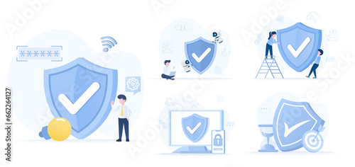 Collection of defense concept scenes. Big shield provide account protection, safety, security, strong passwords, firewalls and other sensitive data from cyber attack. Set vector illustration. photo