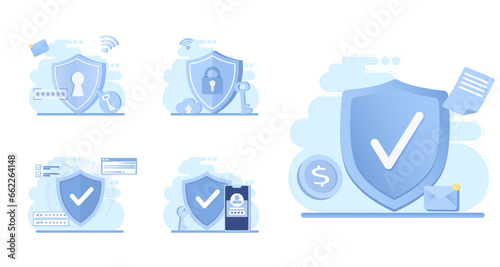Collection of defense concept scenes. Big shield offers data protection, strong password, encryption key, firewall, security lock, sensitive data from cyber attack and threats. Vector illustration.