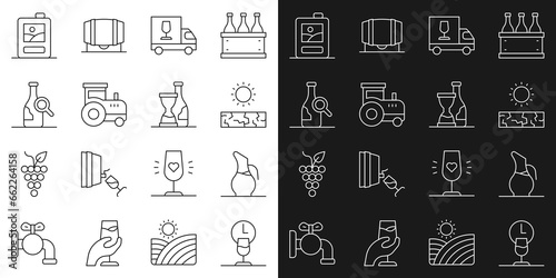 Set line Wine time, Decanter for wine, Drought, truck, Tractor, Bottle of, Cardboard box and icon. Vector