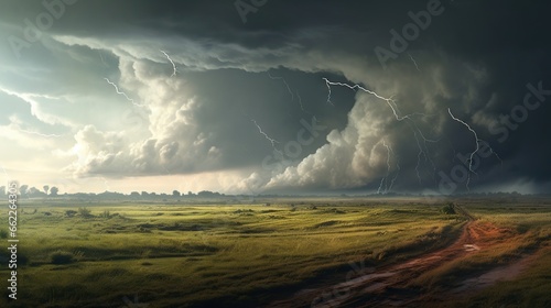  a large storm is coming in over a grassy field with a dirt road. generative ai