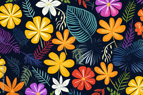 Tropical leaves and flowers quirky doodle pattern, wallpaper, background, cartoon, vector, whimsical Illustration