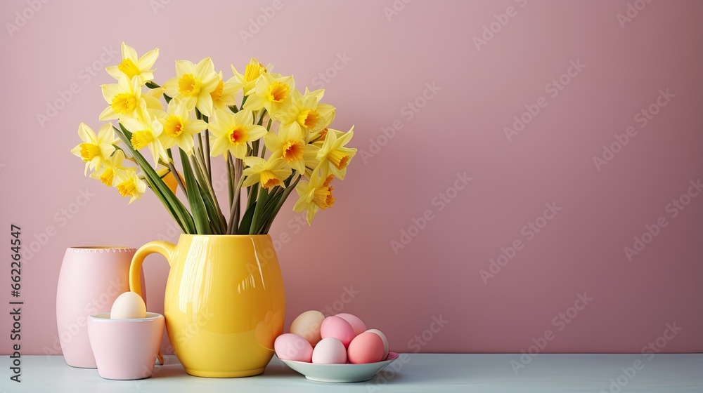  a yellow vase filled with yellow daffodils next to eggs.  generative ai