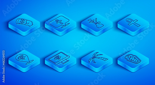 Set line Nefertiti, Cross ankh, Hookah, Eye of Horus on monitor, Tropical palm tree, and Egypt mummy in sarcophagus icon. Vector