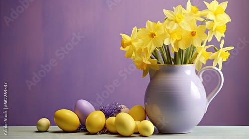  a white vase filled with yellow flowers next to some eggs. generative ai