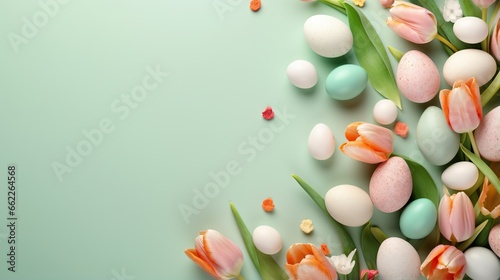 a bunch of eggs and flowers on a green background with a place for text.  generative ai