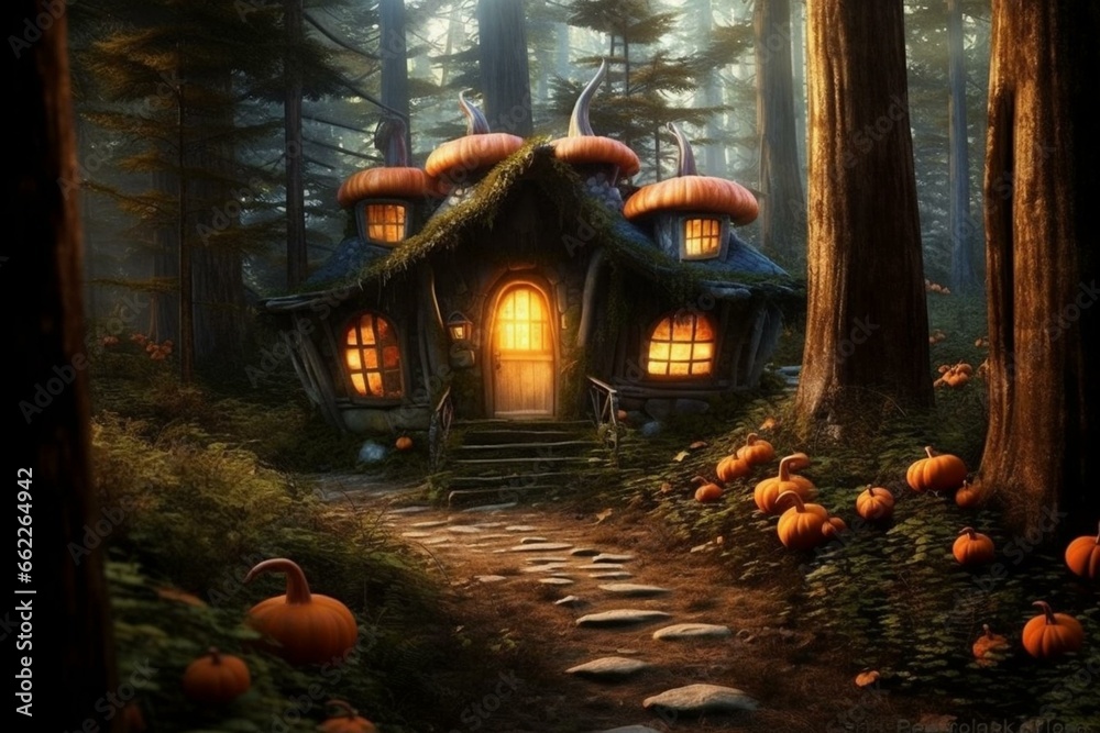 Enchanting pumpkin cottage nestled in a magical forest. Generative AI