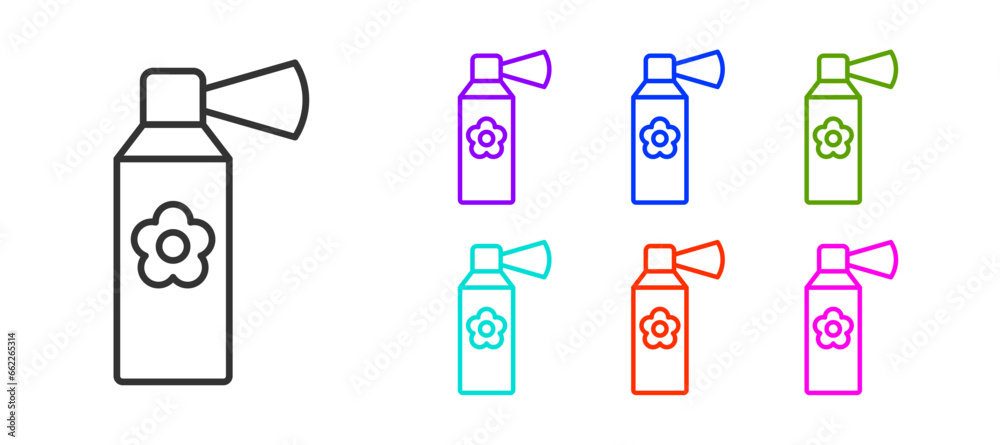 Black line Air freshener spray bottle icon isolated on white background. Air freshener aerosol bottle. Set icons colorful. Vector