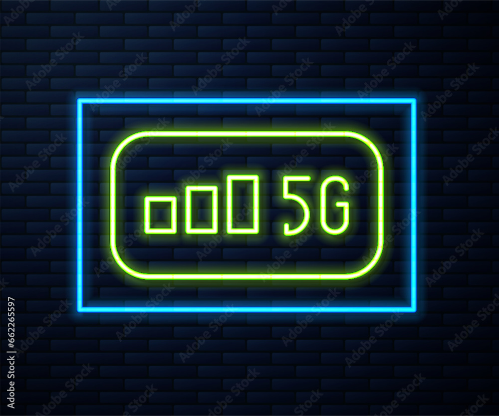 Glowing neon line 5G new wireless internet wifi connection icon isolated on brick wall background. Global network high speed connection data rate technology. Vector