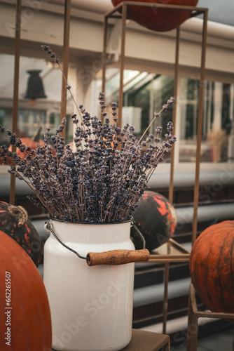 Decoration of dried lavender in a white vase