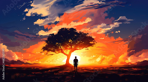 Illustration of a man standing under a big tree in the sunset