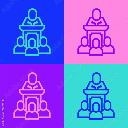 Pop art line Auction auctioneer sells icon isolated on color background. Auction business, bid and sale. Vector