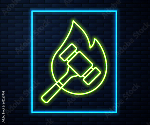 Glowing neon line Auction hammer icon isolated on brick wall background. Gavel - hammer of judge or auctioneer. Bidding process, deal done. Auction bidding. Vector