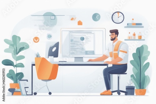 man working in office. man with laptop and documents in the office. flat vector illustration man working in office. man with laptop and documents in the office. flat vector illustration young man in o