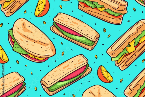 Cuban sandwiches and empanadas quirky doodle pattern, wallpaper, background, cartoon, vector, whimsical Illustration