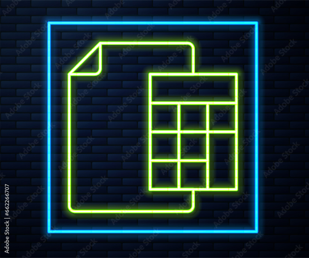 Glowing neon line Calculator icon isolated on brick wall background. Accounting symbol. Business calculations mathematics education and finance. Vector