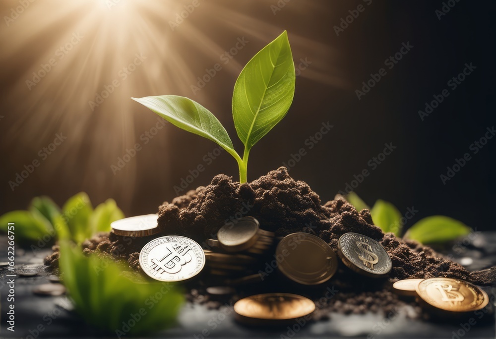 coins on green tree with blurred coins and plant coins on green tree with blurred coins and plantains in the shape of the plant with green plant on ground, saving concept. - obrazy, fototapety, plakaty 