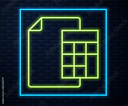 Glowing neon line Calculator icon isolated on brick wall background. Accounting symbol. Business calculations mathematics education and finance. Vector