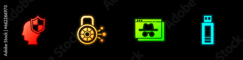 Set Head with shield, Cyber security, Browser incognito window and USB flash drive icon. Vector