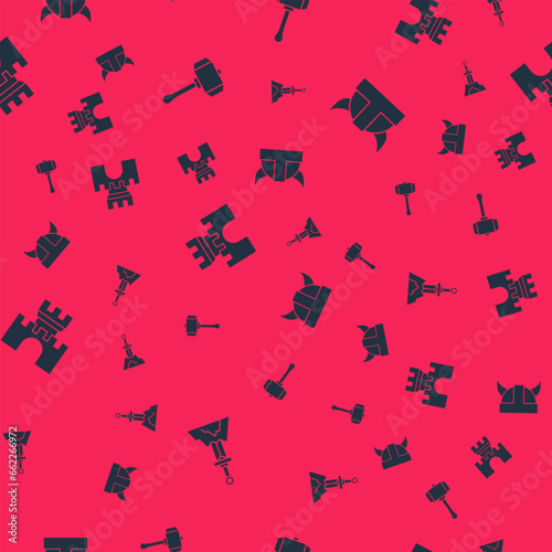 Set Sword in the stone, Hammer, Castle, fortress and Viking horned helmet on seamless pattern. Vector
