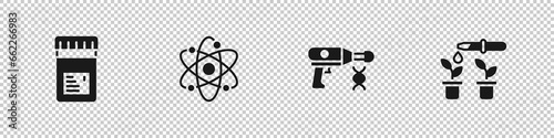 Set Jar with additives, Atom, Transfer liquid gun and Pipette and plant icon. Vector