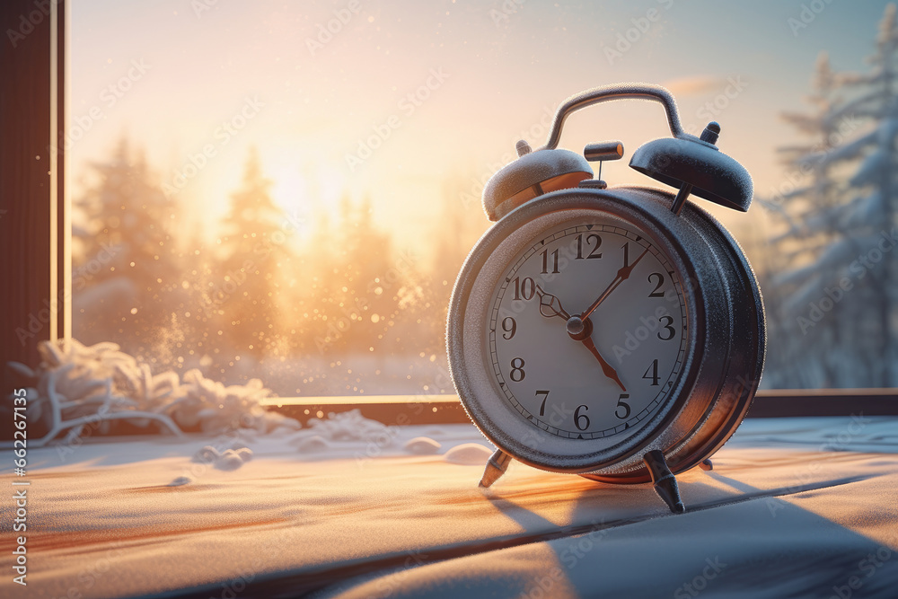 Alarm clock on winter snow background, AI generated - obrazy, fototapety, plakaty 