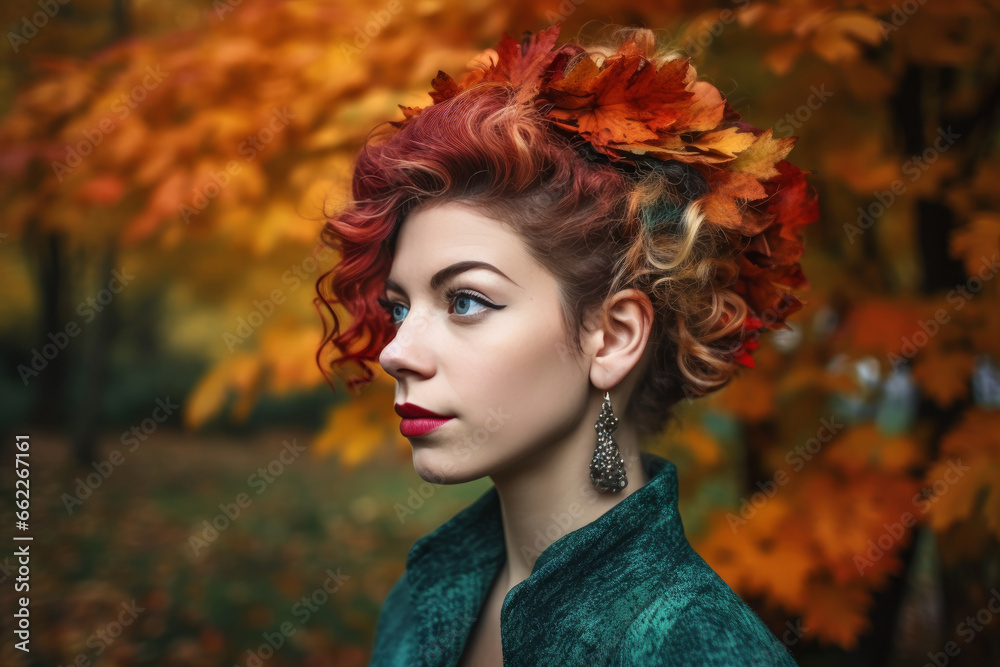 Young woman wearing autumn leaves on head, AI generated Young woman wearing autumn leaves on head, AI generated