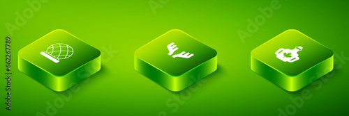 Set Isometric Deer antlers, Bottle of maple syrup and Montreal Biosphere icon. Vector